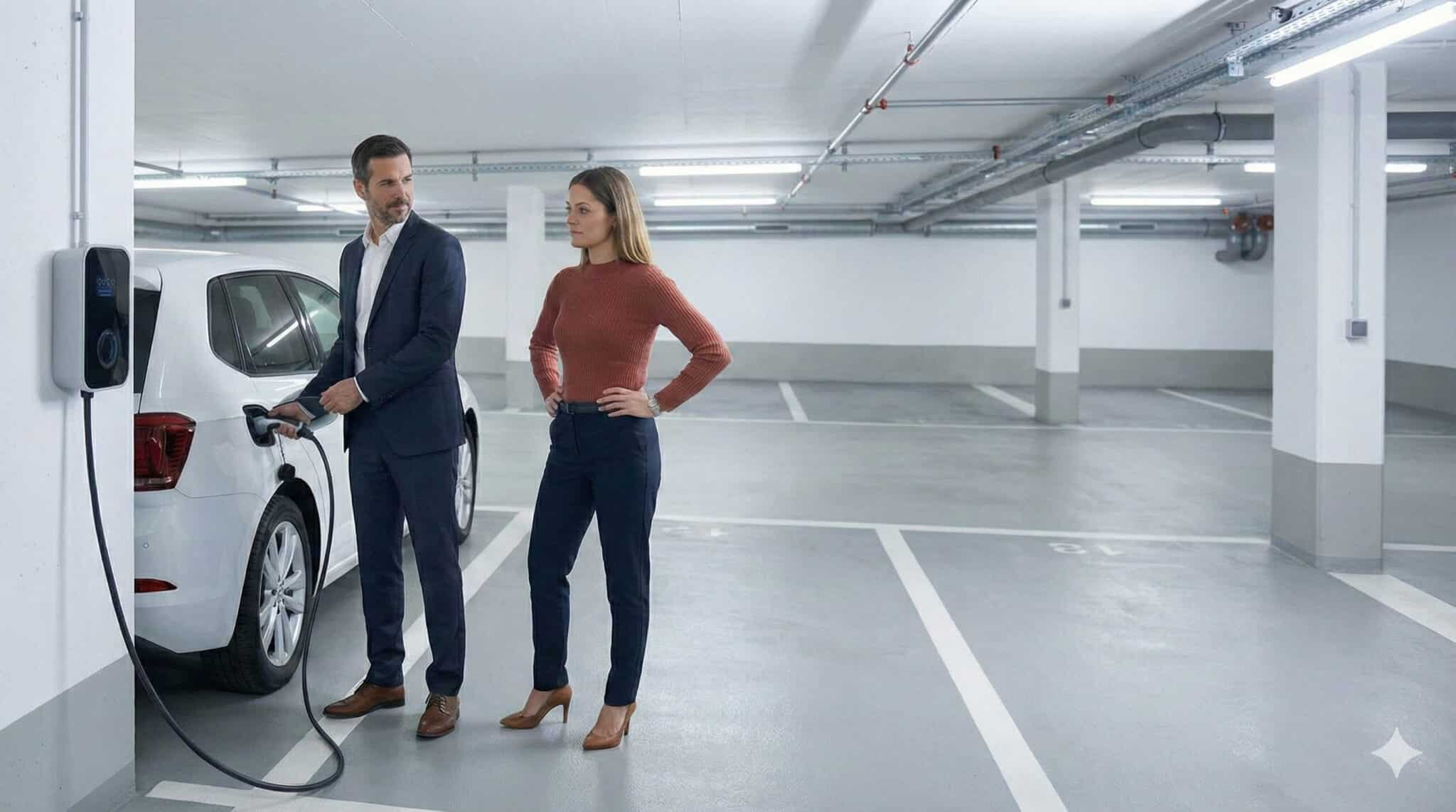 Mann in Anzug lädt ein E-Auto in einer Tiefgarage während eine Frau daneben wartet